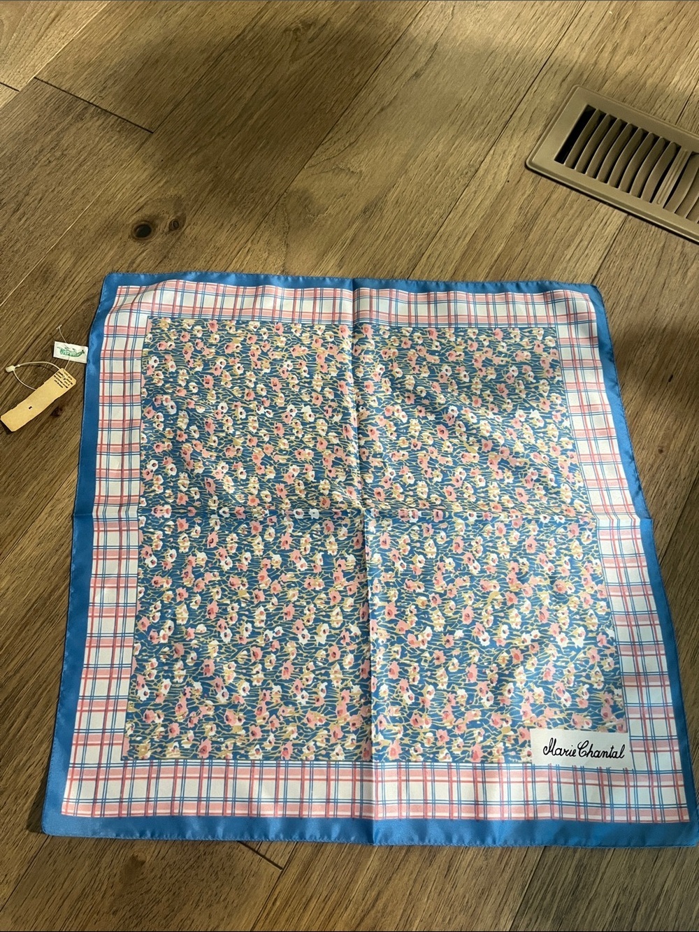 NWT Marie Chantal Blue Floral and Pink Plaid Silk Scarf